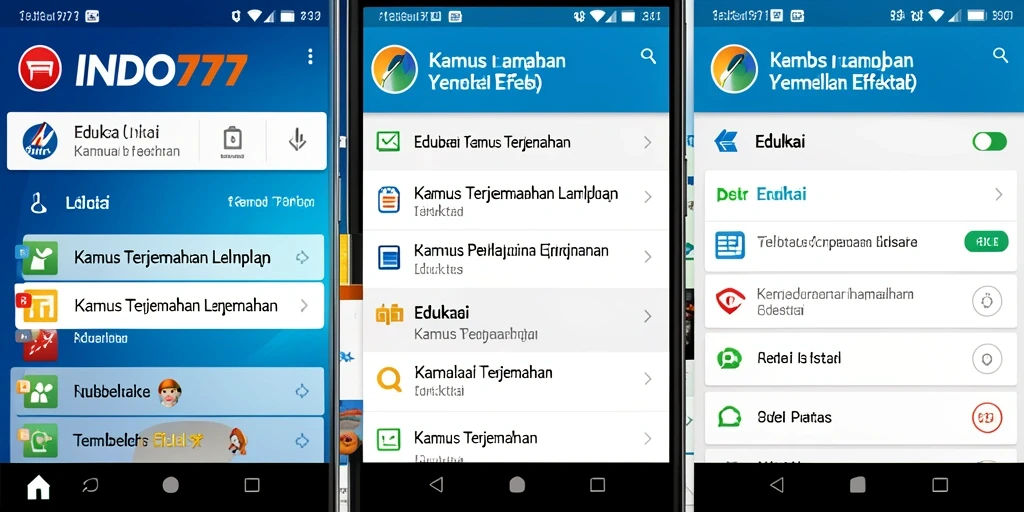Tampilan antarmuka aplikasi Kamus Terjemahan INDO777 yang user-friendly.